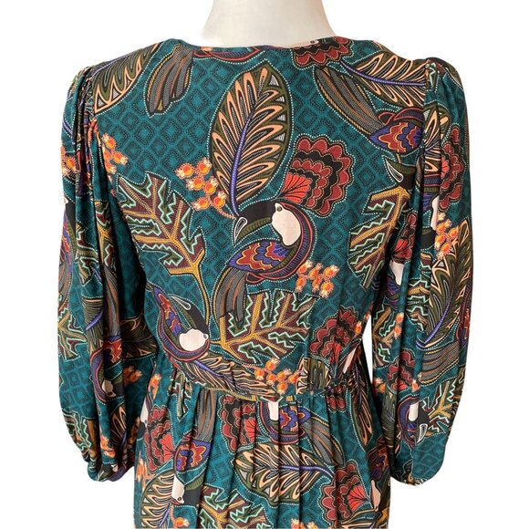ANTHROPOLOGIE FARM RIO Ariyah Tiered V-Neck Botanical Mini Dress, Green Floral S - Picture 5 of 15